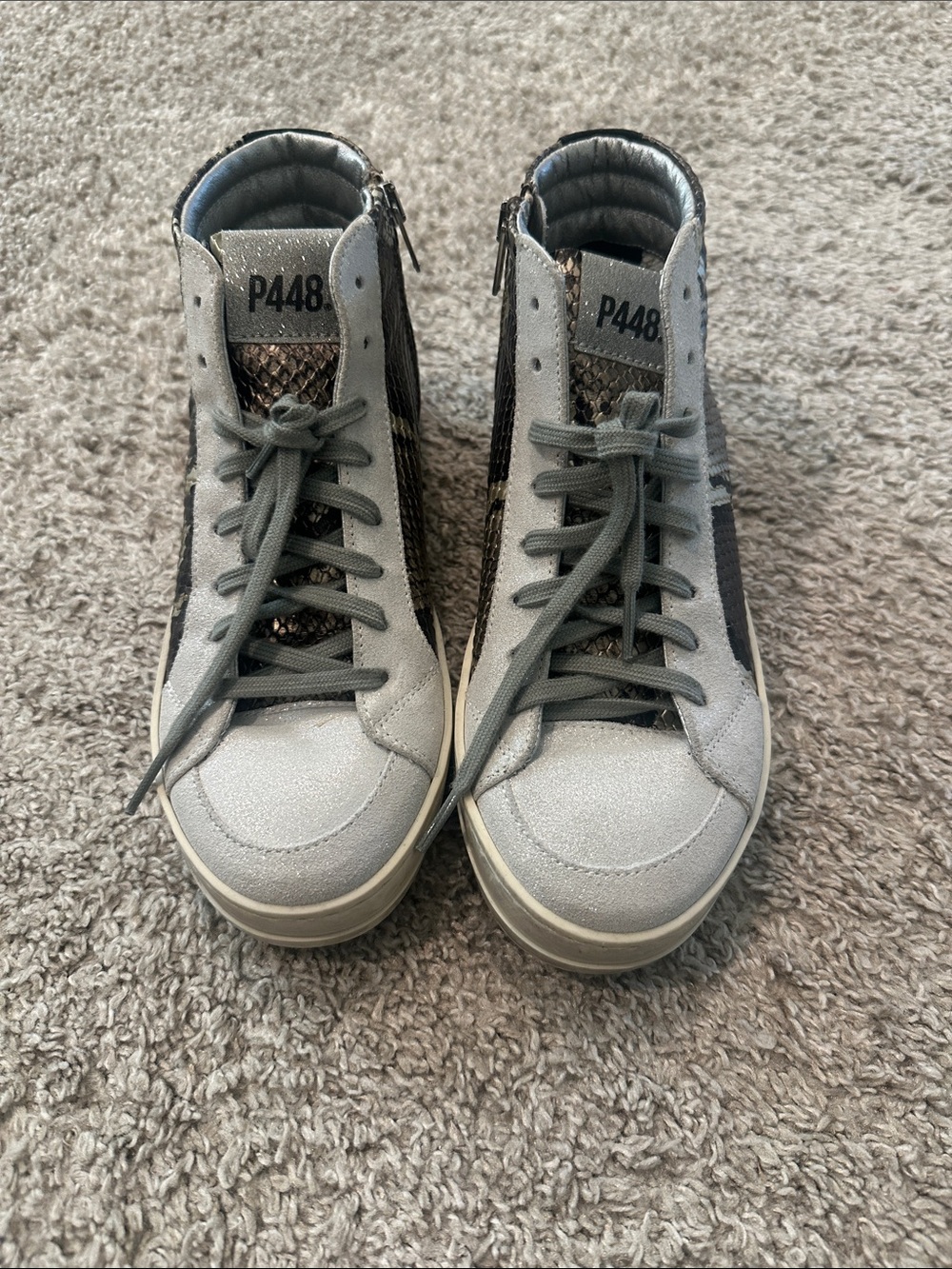 P448 Gray Suede High-Top Sneakers with Black Snake-Print Panels - Unworn